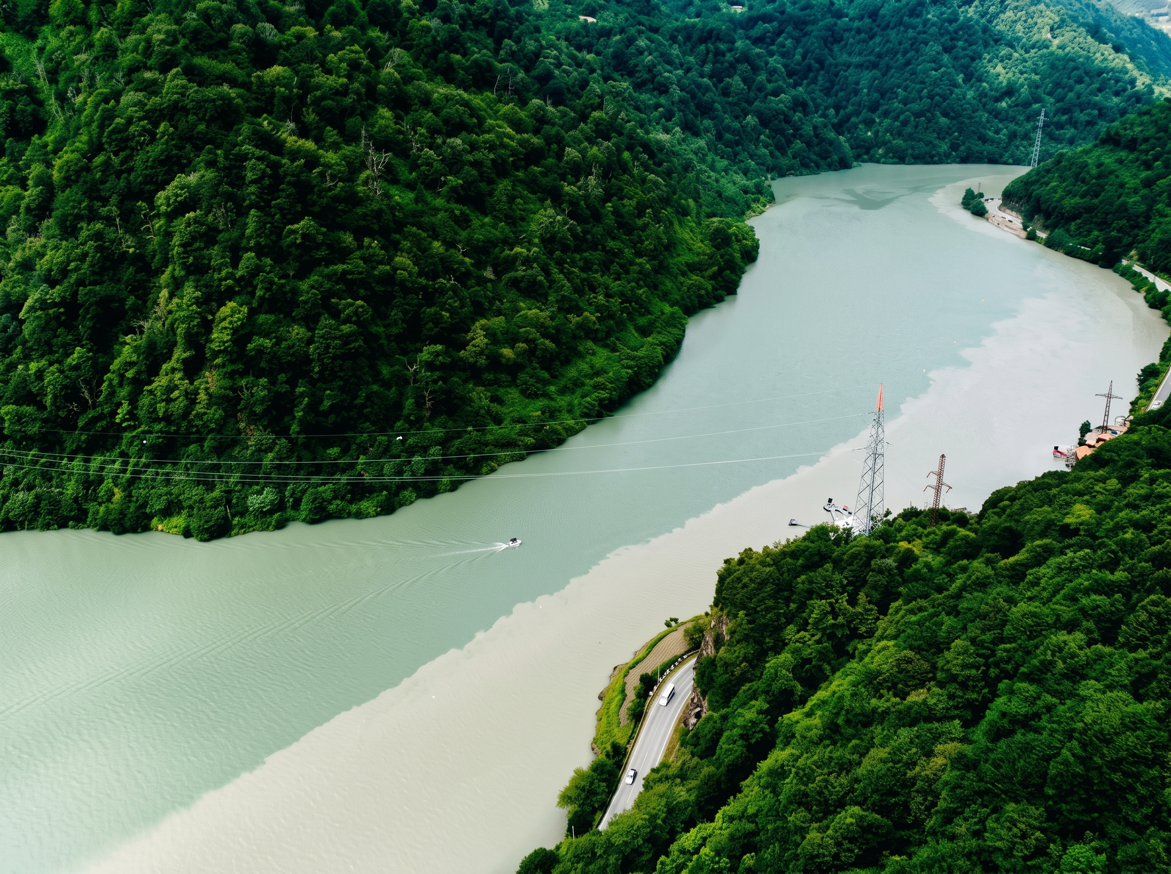 Aerial view of a turquoise river winding between densely forested hills